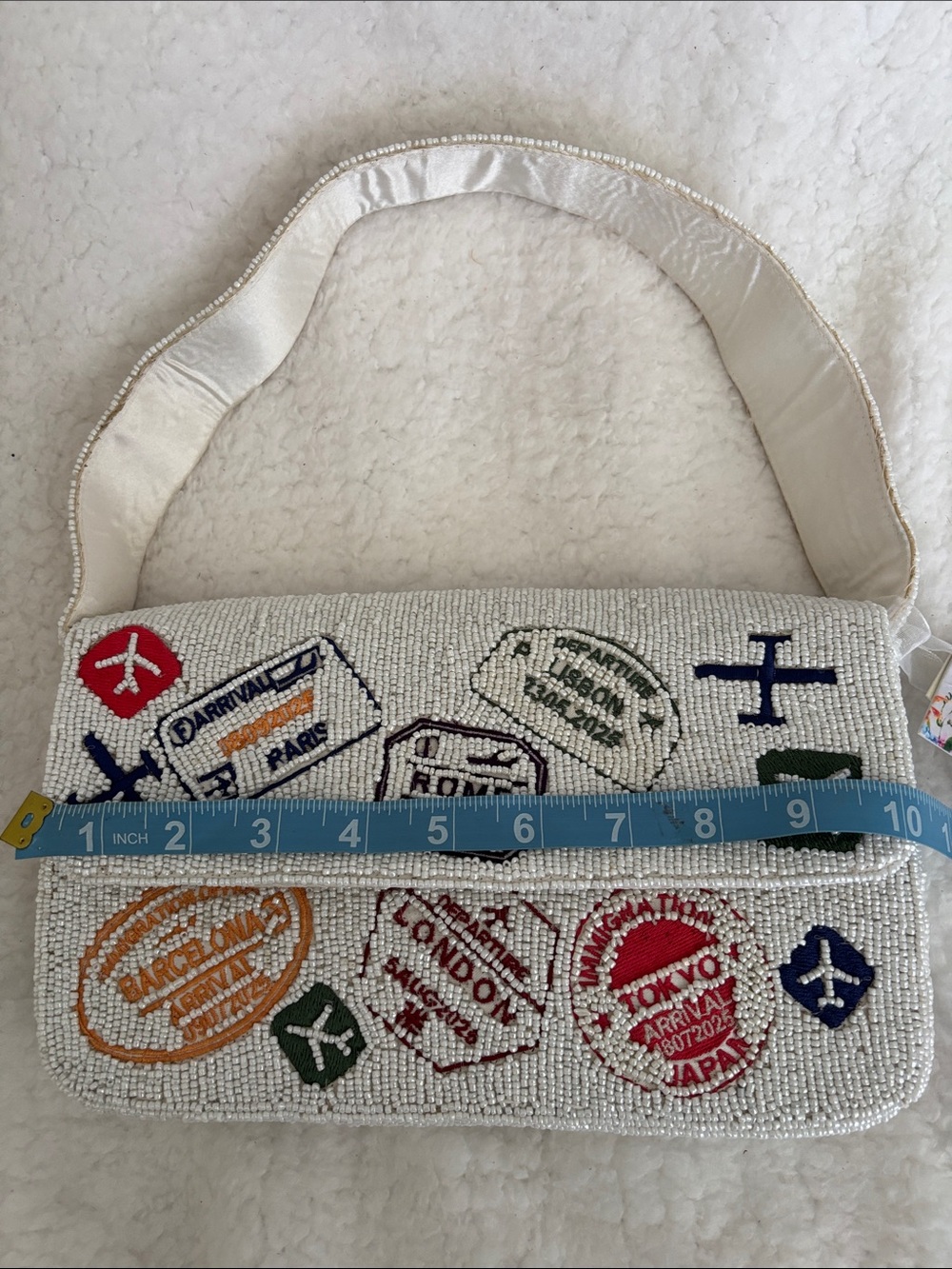 Beaded White Travel-Stamp Shoulder Bag - Picture 7 of 7